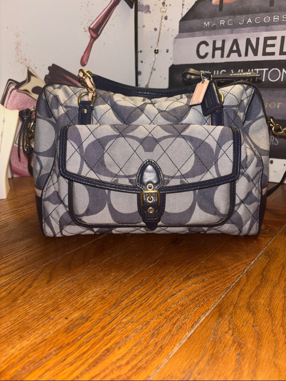 Coach Signature Quilted Convertible Tote Bag 25072 Gray Navy Crossbody